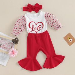 Clothing Sets Infant Baby Girl Valentines Day Outfit Puff Sleeve Little Love Romper Bodysuit Bell Bottom Pants Set 3Pcs Clothes