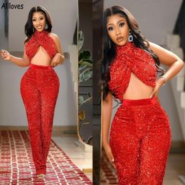 Glitter Red Sequined Two Pieces Prom Dresses Pantsuits Halter Sexy Arabic Aso Ebi Speical Occasion Evening Gowns Women Plus Size Jumpsu 226T