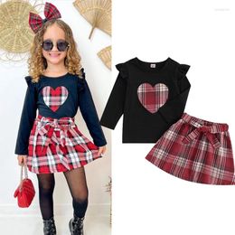 Clothing Sets FOCUSNORM 3-6Y Fashion Kids Girls Clothes 2pcs Long Sleeve Heart Embroidery Ruffle Tops Plaid Print A-Line Skirts