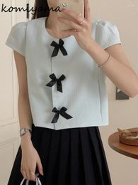 Women's Blouses Patchwork Bow Shirts & O-neck Blusas Puff Short Sleeve Camisas Small Fragrance Ropa Mujer Summer Sweet Tops