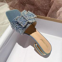Slippers Luxury Crystal Balls Bowknot Women Metal Decoration Low Heel Flip Flops Rhinestone Bow Slides Summer Shoes Big Size 42
