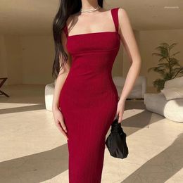 Beach Outlet Women 2024 Swim Wear Dress For Elegant Knitted Suspenders Sexy Slim Red Christmas Pure Solid Spandex Long Cover Up