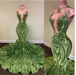 Sparkly Sequins Olive Green Mermaid African Prom Dresses Black Girls Jewel Neck Illusion Sexy Long Graduation Dress Plus Size Formal Sequined Evening Gown