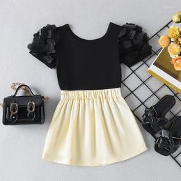 Clothing Sets Kids Girls Summer Skirt Set Short Sleeve Crew Neck Popcorn Print Black T-shirt With Irregular Denim Outfit