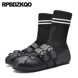 Boots Satin Bow Knot Ballet Buckle Cowhide Round Toe Slip On Shoes Ankle Stretch Ballerina Belts Sock Flats Knit Women Bowtie