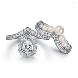 Cluster Rings S925 Silver Ladies Pearl Set Ring Inlaid With 5A Zircon Fashion Drop-shaped Exaggerated Wear Wedding