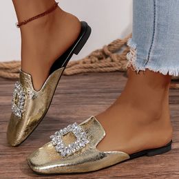 Golden Rhinestone Womens Slippers Flat Heels Slides Summer Shiny Crystal Sandals Woman Plus Size 42 Outdoor Flip-Flops Slide 240510
