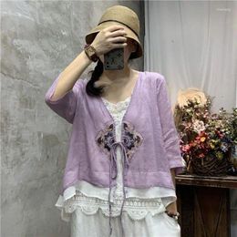 Women's Knits Summer Womens Cotton And Linen Embroidered Lace Up Cardigan Loose Top