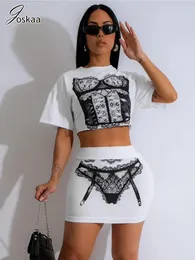 Work Dresses Joskaa Fashion 3D Print 2 Piece Sets Women Outfit Sexy Short Sleeve Crop Top And Mini Skirt Matching 2024 Summer Yek Streetwear