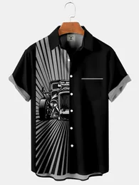 Men's Dress Shirts Vintage Car Print Hawaiian Lapel Casual Tops Comfortable Beach Short-sleeved 2024 Style