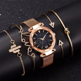 Fashion Bracelet Watches Women 5 Pcs Set Luxury Rose Gold Lady Watches Starry Sky Magnet Buckle Gift Watch for Female 201204 2487