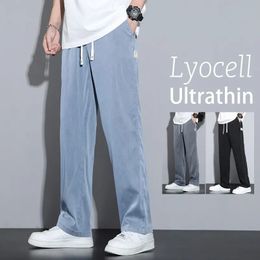 Summer Soft Lyocell Fabric Mens Jeans Thin Loose Straight Pants Drawstring Elastic Waist Korea Casual Trousers Plus Size M-5XL 240517