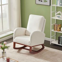 ZK20 Beige, High Back Side Bag Flannelette Wood Indoor Rocking Chair, Brown Legs