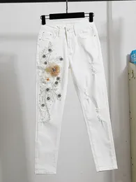 Women's Jeans Women Stretch White Flower Beaded Girls Ripped For Mom Sexy Skinny Denim Street Casual Pencil Pants