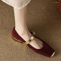 Casual Shoes Retro Mary Jane Women's Wine Red Square Headed Flat Soft Sole Comfortable Shallow Mouth Single