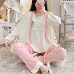 Sleep Lounge 3 pieces/set of maternity Pyjama set used for caring for fashionable printed latex top+long sleeved jacket+long pants maternity clothing set d240516