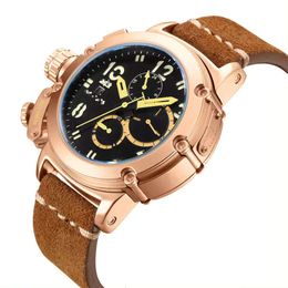 2024new Self Wind Mechanical Genuine Leather Multifunction Date Month Luminous Limited Rose Gold Bronze Men Automatic Watch