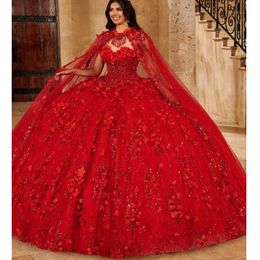 Red Shiny Princess Ball Gown Quinceanera Dresses Off Shoulder With Cape 3D Flower Corset Sweet 16 Dress Pageant Gowns vestido de 15
