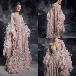 Modest Krikor Jabotian Elegant V Neck Long Sleeve A Line Evening Dresses Sequins Lace Feather Formal Dresses Sweep Train Party Gown 196f
