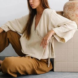 Muslin 100% Cotton Gauze Oversized T-Shirt Sexy V-Neck WomenS Long Sleeve Top Bandage Elegant Shrit And Blouse 240517