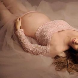 Set Long Sleeve Lace Crop Top+Tulle Skirt Maternity Maxi Gowns Dresses for Photo Shoot Pregnancy Photography