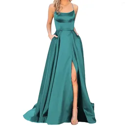 Casual Dresses Wedding Prom For Women Sexy Satin Spaghetti Strapbackless Side Slit Tunic Slip Dress Female Party Evening Long