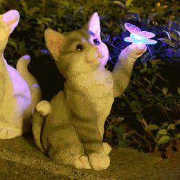 Cute Cat Garden Statue and Solar Lights Kitten Butterfly Resin Statue Decoration Outdoor Home Garden Decoration Gifts 240514