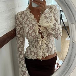 hirigin Elegant Women Summer Lace Floral Tops Flare Long Sleeve Tie Front Sheer Slim Crop Cardigan Clubwear blusa mujer moda 240517