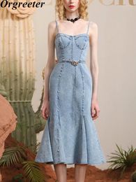 Casual Dresses Personality Sweet Summer Denim Mermaid Dress Sexy Spaghetti Strap Beaded Slim Bodycon Women Backless Trumpet Long