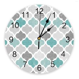 Wall Clocks Turquoise Grey Geometric Moroccan Retro Print Clock Art Silent Non Ticking Round Watch For Home Decortaion Gift