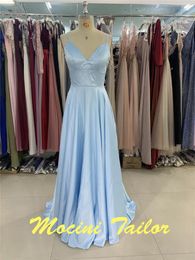 Party Dresses Light Blue Long Satin Evening Dress 2024 V-neck Elegant Beaded Trailing Luckgirls Customizable Prom Mocini Tailor