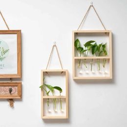 Vases Fashionable wall mounted glass vase wall mounted testing tube with wooden frame transparent glass plant hydroponic plant vase J240515