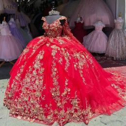 Red Shiny Princess Ball Gown Quinceanera Dress Gold Flowers Appliques With Cape Crystal Beads Tull Sweet 16 Vestidos Para