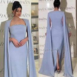 Party Dresses Arabic Straight Evening Dress Cape Sleeve Back Split Light Sky Blue Satin Crystals Beaded Scalloped Neckline Long Formal