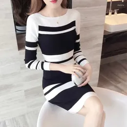 Casual Dresses Midi Striped Woman Dress Knee LengthKnitted Crochet For Women Clothes Black White Cover Up Colorblock Harajuku Cotton