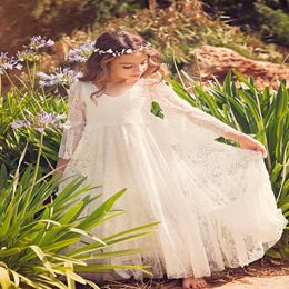 Bohemian Flower Girls Dresses with Long Sleeves and V Neck Ankle Length Fully Lace First Communion Dress for Little Girls Boho 202q