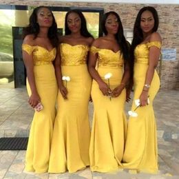 African Yellow Mermaid Bridesmaid Dresses Off Shoulder Sequined Satin Wedding Guest Party Gowns Formal Gowns Maid Of Honour Dress Custom 2390