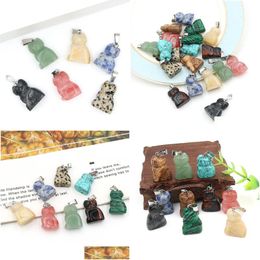 Charms Natural Stone Little Carved Cat Pendants Fashion Animal For Jewellery Making Necklace Earrings Fengshui Drop Delivery Findings Co Dhtau