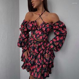 Work Dresses Elegant Y2K INS Fashion Halter Crop Top High Waist Ruffle Folds Skirt Boho Vacation Outfits Sexy Floral Print 2 Piece Set