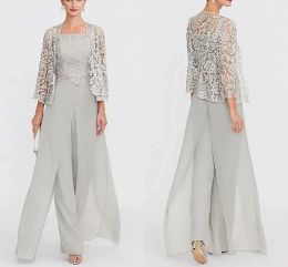 Suits Elegant Mother Of The Bride Pants Suits With Lace Jacket Long Sleeves Chiffon Women Jumpsuits Wedding Party Gowns Groom Mom Formal