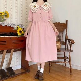 Casual Dresses Embroidery Maxi For Women Doll Collar Short Sleeve Dress Chiffon 2024 Single Breasted Loose Vintage Vestidos Robe