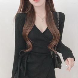 Casual Dresses CROSS V-NECK ONE PIECE IRREGULAR TIE UP SLIM FIT KNIT DRESS SKIRT Female Sets Evening Party For Women 2024 Woman's