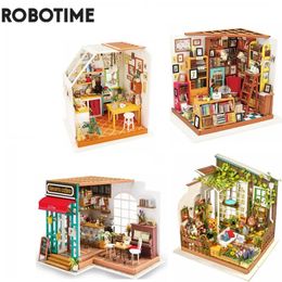 Robotime DIY House with Furniture Study Room Simons Coffee Children Adult Doll House Miniature Dollhouse Wooden Kits Toy 240516