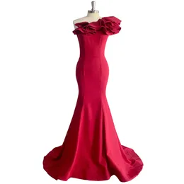 Party Dresses DIDEYTTAWL One Shoulder Burgundy Evening Dress Ruffles Sleeveless Satin Mermaid Formal Gown Sweep Train