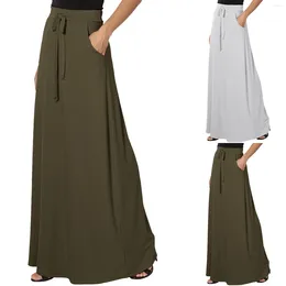 Skirts Elegant High Waist Solid Long Fashion Summer Women Loose Drawstring Maxi Oversized Pleated Floor-length