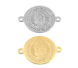 Our Lady 2 Loops connector virgen de guadalupe small charms gold color medal tags round Stainless Steel Pendant 50pcs6893051