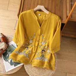 Women's Blouses 2024 Spring Summer Women Tops Retro Embroidered Blouse Casual Loose Cotton Linen Top Shirt