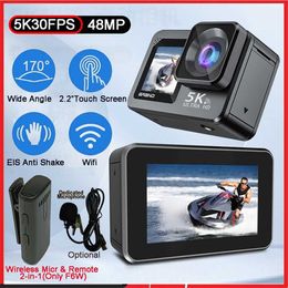 Sports Action Video Cameras Camera F6W Wireless Microphone 5K 4K60FPS 48MP 22inch Touch LCD EIS Dual Screen WiFi 170D Waterproof 30M 8X Zoom Go Pro Camer J0521
