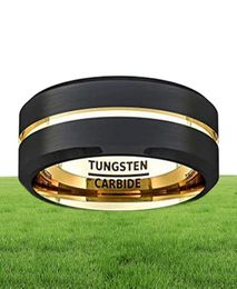 Fashion 8mm Black Tungsten Carbide Ring Gold Groove Matte Brushed Surface Bevelled Edge Mens Wedding Band Comfort Fit2173661