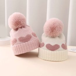 Fuax Fur Pompom Baby Hat Heart Printed Knitting Autumn Winter Newborn Infant Beanie Cap Toddler Warm Crochet Girls Boys Hats L2405